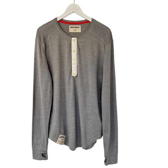 Mons Royale Merino Wool Long Sleeve Henley Base Layer Shirt Gray Large Flawed - Picture 1 of 10
